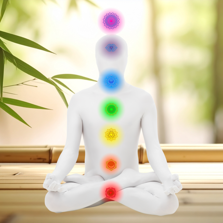 A meditating figure with seven coloured chakras aligned along the spine.