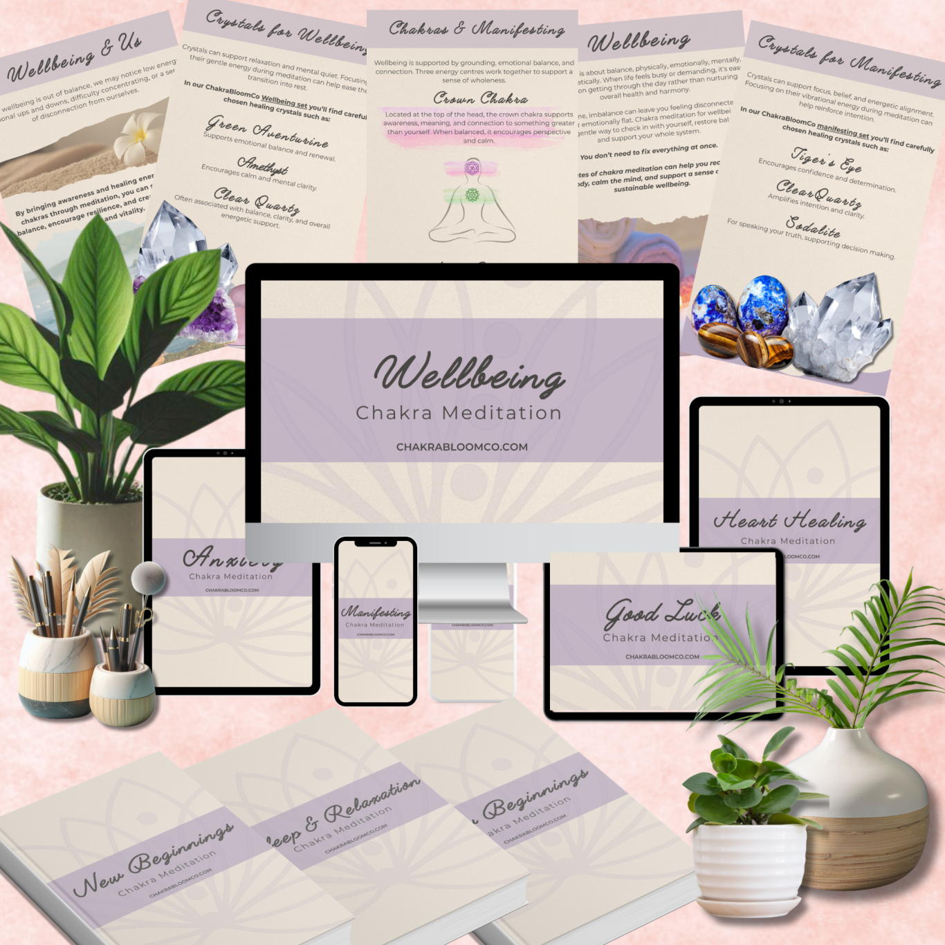 A young woman in a white outfit sits cross-legged, practising mindfulness in a bright room.