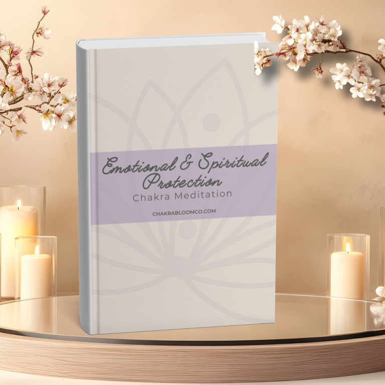 A book titled "Emotional & Spiritual Protection" with a lotus design and candles in the background.