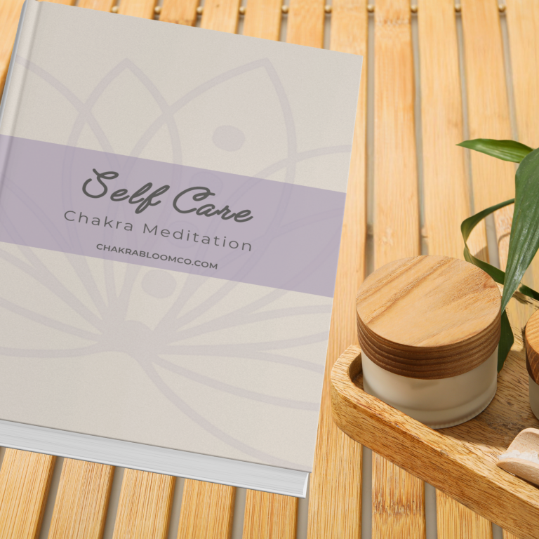 Book titled "Self Care: Chakra Meditation" on a wooden surface with a plant and cream jar.